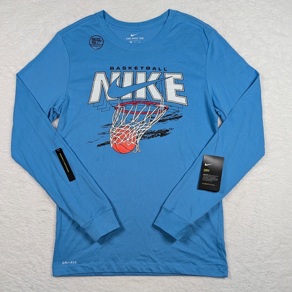 Nike‎ Basketball Graphic Tee Mens Small Blue Long Sleeve Dri-FIT Air Swoosh Y2K